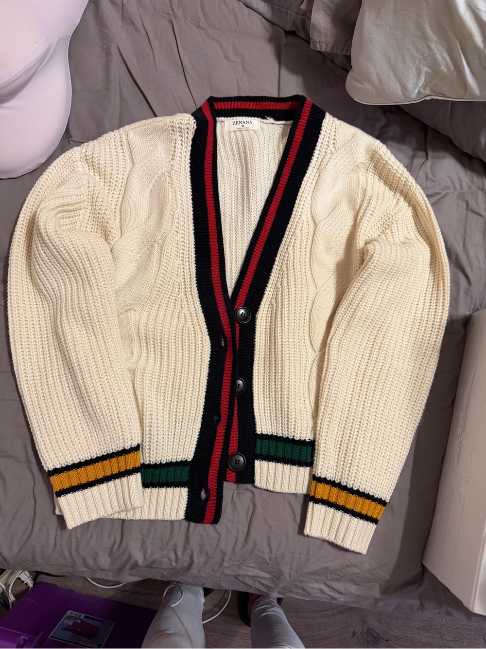 NWOT Zenana Cream Varsity Cable Knit Cardigan M New
